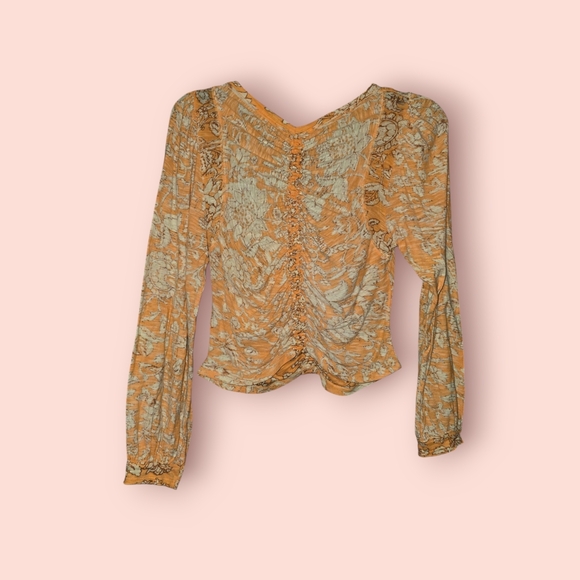 Free People Say The Word Cropped Top - Ruched Floral Boho Blouse Orange V-neck - Picture 2 of 3